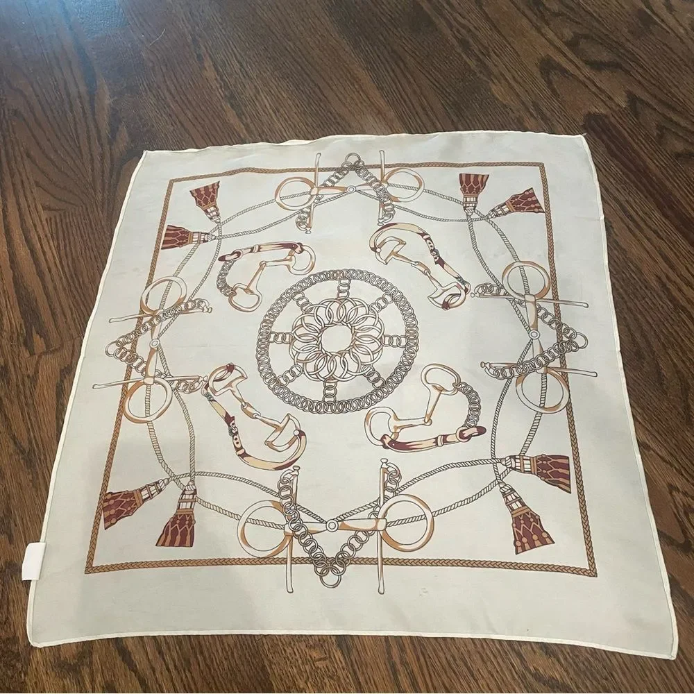 White & Tan Equestrian Printed Square Scarf Kerchief